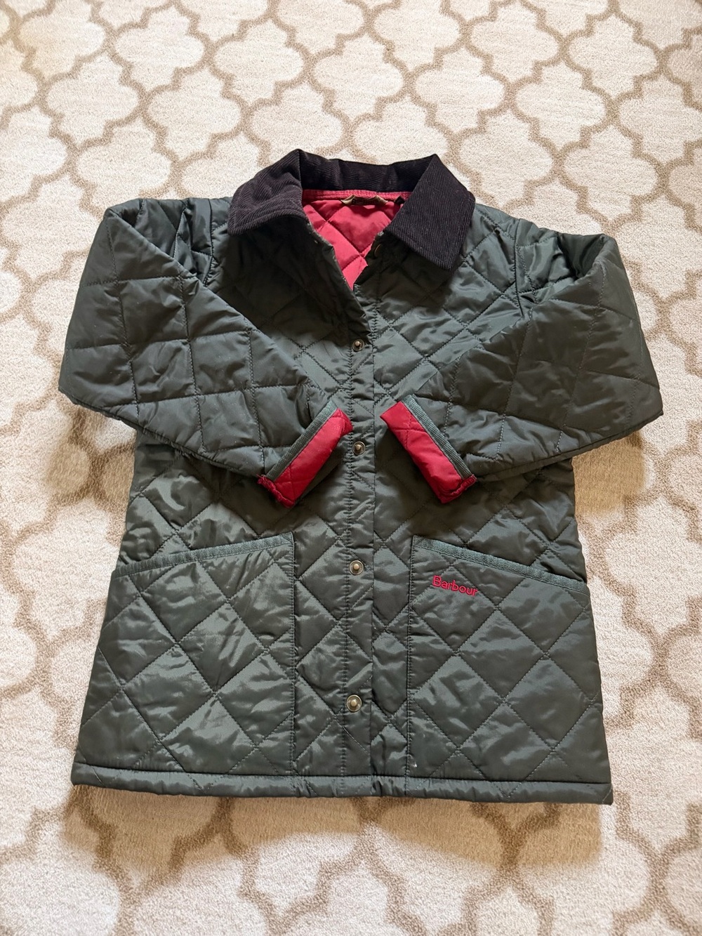 Barbour Olive Green Quilted Kids Puffer with Red Trim